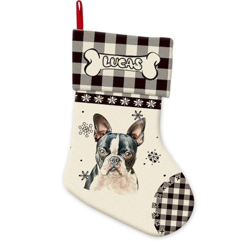 GABSHAIM Boston Terrier Snowflake Christmas Stockings Black White Buffalo Check Plaid Dog Xmas Stockings Custom Hanging Stocking for Family Christmas Party Decor 14 Inch Linen