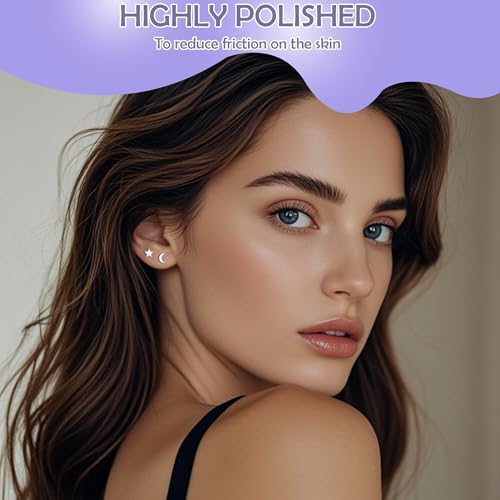 2 Pairs Flat Back Earrings Women, Titanium Star and Moon Earrings, Heart & CZ Flatback Stud, Butterfly & Lightning Screw Back, Crosses and Triangles Stud, Gold/Pink/Silver/Black Options4