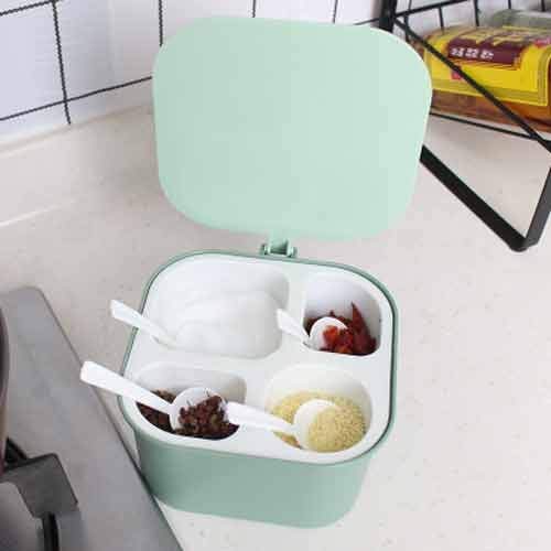 Botella de condimento, tarro de condimento de cerá Frascos de especias de vidrio, suministros de cocina multifunción, caja de condimentos con compartimentos de una pieza, cuatro compartimentos con cuc
