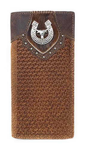 Texas West Men's Cow Fur Cowhide Genuine Leather Longhorn Basketweave Bifold Wallet in 2 Colors (Brown)