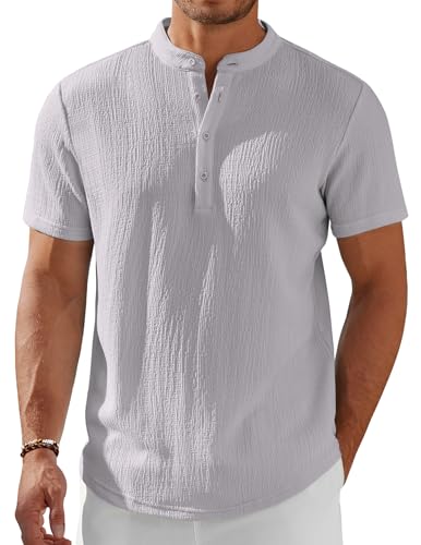 COOFANDY Men's Casual Henley Shirt Short Sleeve Mandarin Collar Summer Beach Hippie T-Shirts Light Grey
