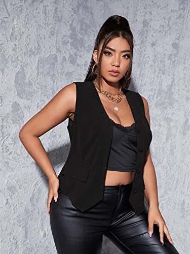 Wdirara Women's Plus Size V Neck Sleeveless Button Front Asymmetrical Waistcoat Vest Black 4Xl #TOP2