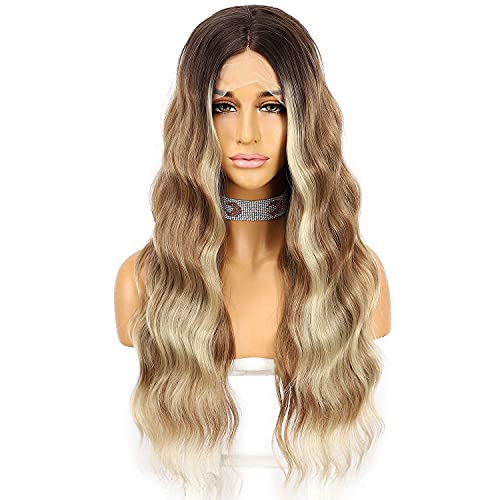 Wigoddess Long Brown Wig Wavy Dark Brown Highlight Natural Looking 22 inch Synthetic T Part Lace Front Wigs Heat Resistant Fiber Wig for Women Daily Makeup Party Daily Use