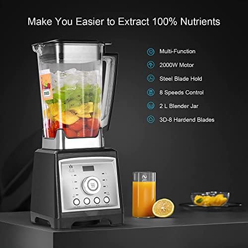 Blender Smoothie Makers 2000W Food Processor with 8 Adjustable Speed 4 Preset Programs Removable Stirring Rod 2 Litre BPA-Free Jug 8 Sharp Blades with 30000 RPM High-Speed for Ice Nut Fruit Vegetable