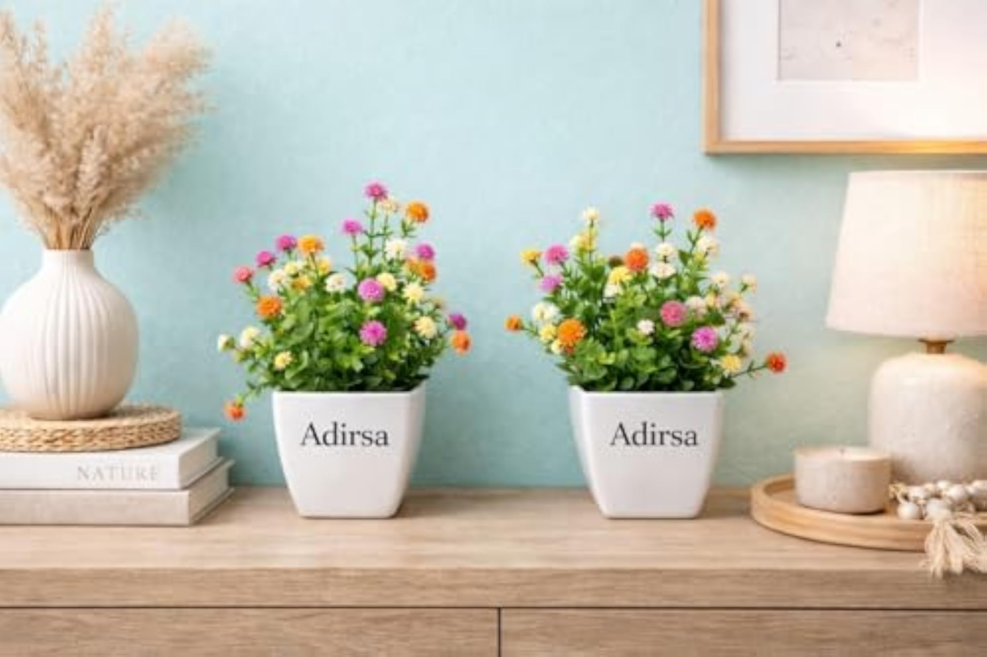 Artificial Flower Pot Set of 2, Decorative Plastic Plants