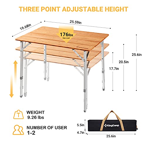 Kingcamp Bamboo Folding Table Environmental Camping Table With Adjustable Height Aluminum Legs Heavy Duty 4-Folds Portable Camp Tables For Travel, Picnic, Party, Beach, Outdoor And Indoor, 1-2 People #TOP2