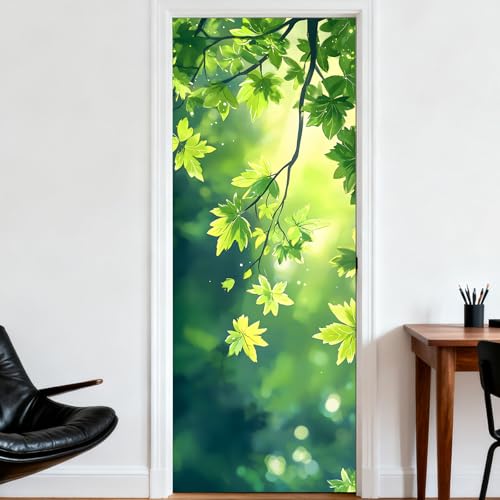 Image of Nuxovilar Green Leaves Door Stickers Peel Stick PVC 30.3x78.7 in Cover | Door Stickers Wall Decals Peel Stick Cover Vinyl Art Poster Bedroom Living Room (Green Leaves)