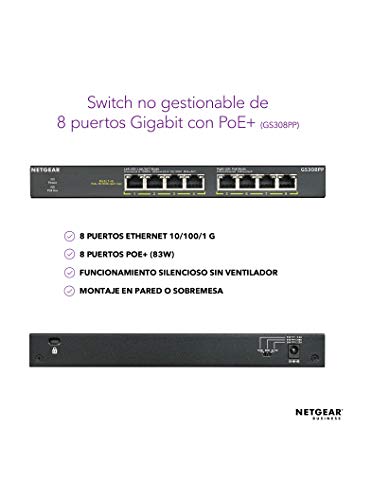 NETGEAR-Switch-PoE-de-8-Puertos-Unmanaged-GS308PP-Switch-Ethernet-con-8-x-83W-PoE-montaje-sobremesapared-carcasa-metalica-resistente
