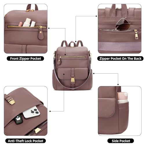 Image of KKXIU Backpack Purse for Women - PU Leather Ladies Backpack for Daily with Anti-Theft Lock Pocket, Small Daypack with Luggage Strap & Water Bottle Pockets (Dark Pink)
