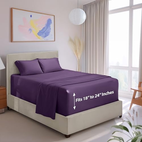 Image of Hearth & Harbor Extra Deep Pocket California King Sheet Set, Purple | 4 Piece Bed Sheet Set, Ultra Soft & Breathable, Fits Up to 24 inch Mattress, Hotel Luxury