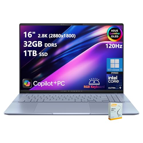 ASUS Vivobook S16 AI PC Laptop | 16' 2.8k OLED 120Hz | Intel Core Ultra 9 285H | 32GB DDR5 1TB SSD | RGB Backlit for Creator Designer Business Professional Win11 Pro w/DLCA Accessory