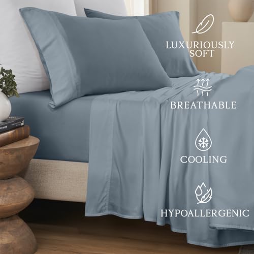 Image of KARISSA MAE 6 Piece Luxury Bamboo Viscose Queen Sheet Set, 4 Pillowcases | FSC Certified | Cooling | Ultra Soft | 18 inch Deep Pockets | Elastic Corner Straps | Includes Organizer Band [Chambray Blue]