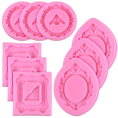 9Pcs Photo Frame Silicone Molds, Vintage Baroque Picture Photo Frames, Mirrors & Corners Silicone Fondant Mold & Chocolate Molds for Cake Decorating, Cupcake Toppers, Candy, and Polymer Clay Crafts