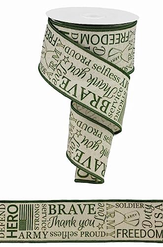 US Army Ribbon, Beige and Army Green Faux Burlap Ribbon, 2.5