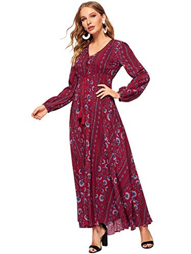 Milumia Women Tassel Tie Smocked Waist Button Up Botanical Dress Burgundy L