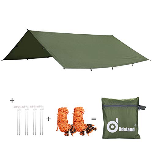 Odoland Tarp Sombrilla de Playa con Ancla de Arena y Cuerdas a Prueba de Viento, Toldo de Refugio Tarp 3 x 3m, Carpa Sombrilla para Hamaca en Ripstop Nylon, Anti-UV y Anti-Rain