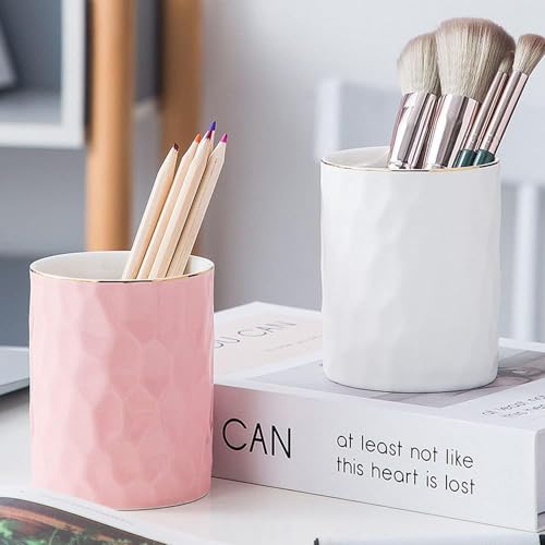 Porta-lápis de cerâmica para mesa, organizador de pincéis de maquiagem para escritório, casa, branco