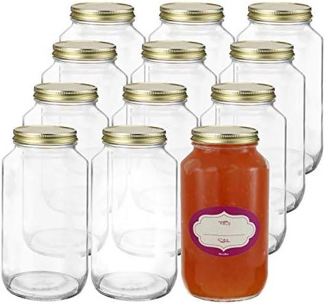 Case of 12-24 Ounce Glass Mason Jars - 12 Pack Clear Jars with Gold Lids and Labels - Perfect for Home Canning, Pickling, Gifts, Presentation, Baby Showers, Baby Food Storage – Food Grade