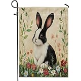 Black White Bunny Garden Flag, Spring Floral Decor for, Double Sided Yard Flag for Outdoor Decoration, Cute Rabbit and Flower Design, Perfect for Lawn and Garden 12x18 Inch