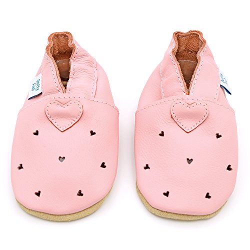 Dotty Fish Scarpine in Pelle Prima Infanzia. Scarpe Bimbi per Primi Passi con Suola Scamosciata. Rosa con Cuoricini. 18-24 Mesi (23 EU)