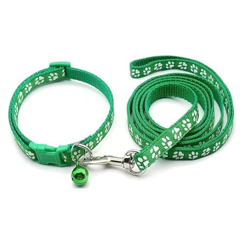 Image of YellowCult Dog /Cat Collar Leash Set with Adjustable Soft Nylon Paw Print Pet Collar for Cats, Puppies, Small Dogs, Fat Rabbits Walking Training, Bell & Quick Release Buckle Safety Lock -[Green ]