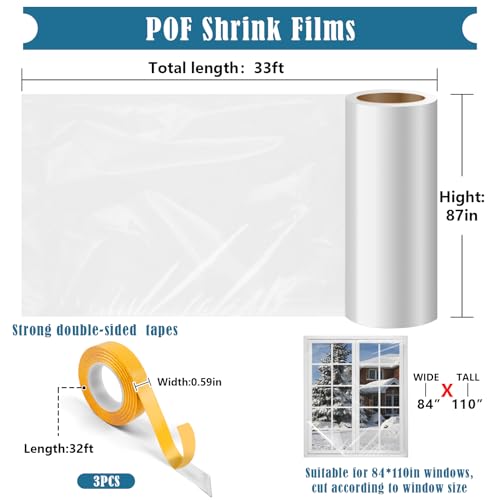 Window Insulation Kit, 87 × 394 Inch Plastic Window Coverings for Winter, Thicken Window Shrink Film Insulator Kit Windows Waterproof Winterizing with 3 Double-Sided Tape for 3 Pcs 7 x 9 Ft Windows