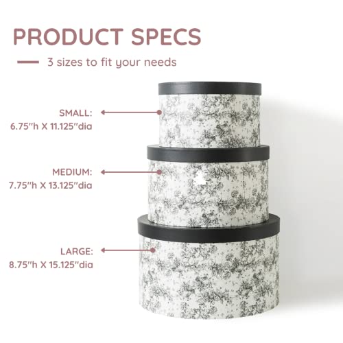 Soul & Lane Floral Hat Round Boxes With Lids - Set Of 3: Nesting Cardboard Hat Storage, Large Black Print Hat Cases, Round Decorative Keepsake Boxes, Stacking Paper Mache Craft Boxes #TOP4