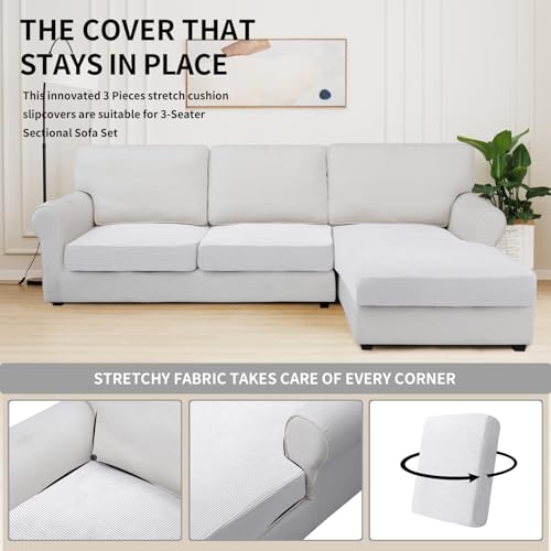 Image of Easy-Going Stretch 3 Pieces Couch Cushion Covers for Sectional Sofa L Shape | 2 Seater + 1 Chaise Lounge Left /Right L Sofa Seat slipcover Anti-Slip Sofa Cover Soft Snow White