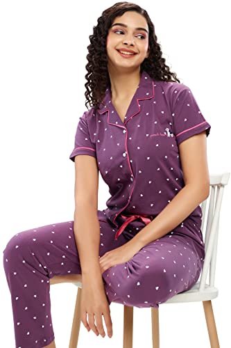 Image of ZEYO Women's Cotton Heart Printed Stylish Night suit set of Shirt & Pajama Set 5612