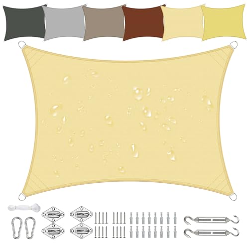 Sichtschutz Sonnensegel Wasserdicht Rechteckig 1x2m aus PES-Polyester 95% UV-Schutz Witterungsbeständig Reißfest in Vielen Größen und Farben mit Befestigungsset für Terrasse Garten Balkon-Beige