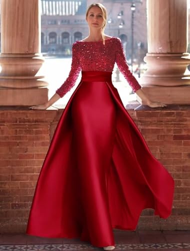 Cadoly Long Sleeve Sparkly Sequin Formal Dresses for Women 2025 Elegant Ball Gown A-Line Satin Evening Gown4