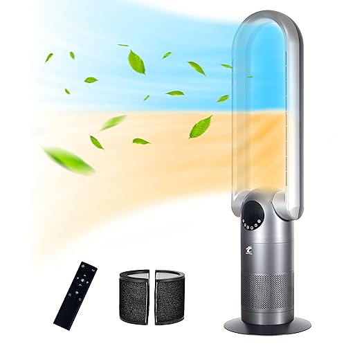1500W Space Heater & 38.6” Bladeless Tower Fan for Home Office, ECO Ceramic Heater with Adjustable Thermostat, 90° Swing & Tilt Head with Remote, 9Speeds 9H Timer Floor Fan for Bedroom, Grey, AC68H
