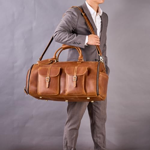Genuine Leather Convertible Garment Bag with Shoes Compartment Full Grain Leather Carry on Duffle Bag for Men Women Weekender Hanging Business Suitcase for Travel Suit Coffee3