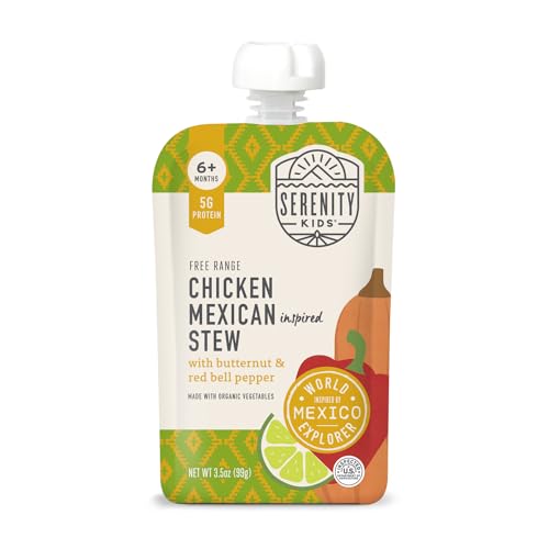 Image of Serenity Kids 6+ Months World Explorers Baby Food Pouches Puree Made With Ethically Sourced Meats & Organic Veggies | 3.5 Ounce BPA-Free Pouch | Chicken Mexican Stew | 1 Count