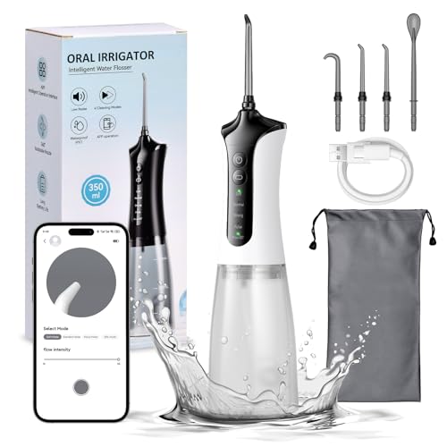 Irrigador Bucal Portátil, 350ML Irrigador Dental con 6 Boquillas y 5 Modos, IPX7 Impermeable,USB-C Recargable,Intensidad de ajuste de App Para Limpieza Dientes, (Blanco)