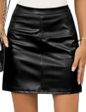 LOMON Women's Faux Leather Skirt High Waist Tummy Control Bodycon Mini Short Skirt with Slit Black X-Small