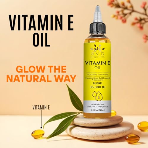Image of AVD ORGANICS Vitamin E Oil for Skin - 100% Pure & Natural, 35,000 IU | Premium Grade, Cold-Pressed and Tocopherol Vit E Oil to Repair Dry, Damaged Skin| Moisturizing, Hair and Scalp 4.05 Fl Oz