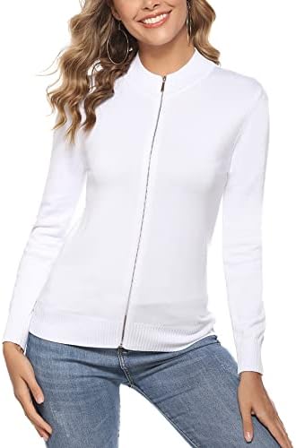 Youngull Zip Front Jacket for Women Casual Lightweight Cardigan Zip Up Sweater Tops Long Sleeve Knitted Sweatshirts Elegant Comfortable Crewneck Clothes White XXL