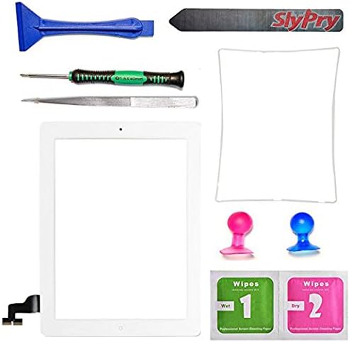 SlyPry White Ipad 2 Digitizer Touch Screen Front Glass Assembly - Includes Home Button + Camera Holder + Frame Bezel + Preinstalled Adhesive + Cleaning Kit with Slypry Premium Tool Kit