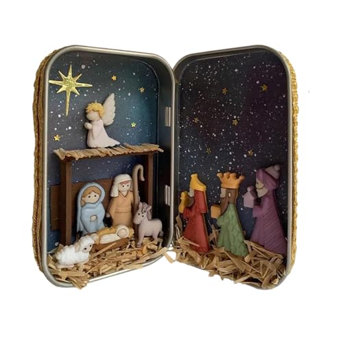 Wezalget Mini Crèche de Noël Portable dans Une Boîte en Fer Blanc avec Figurines De Mouton Et De Jésus De La Sainte Famille en Résine, pour La Famille des Amis
