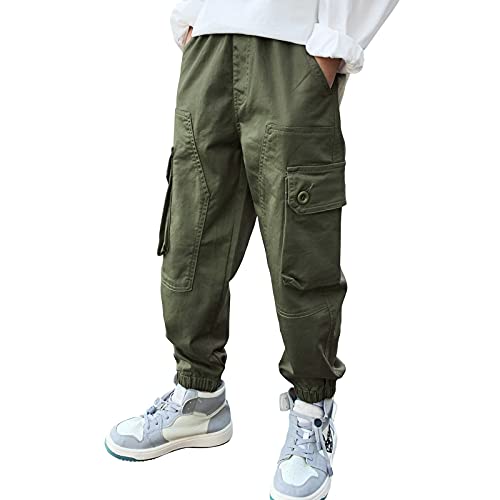 Boys Cargo Pants Cotton Casual Pants Elastic Waist Hiking School Uniform Sweatpants Joggers (Army Green, 10-12) #TOP20