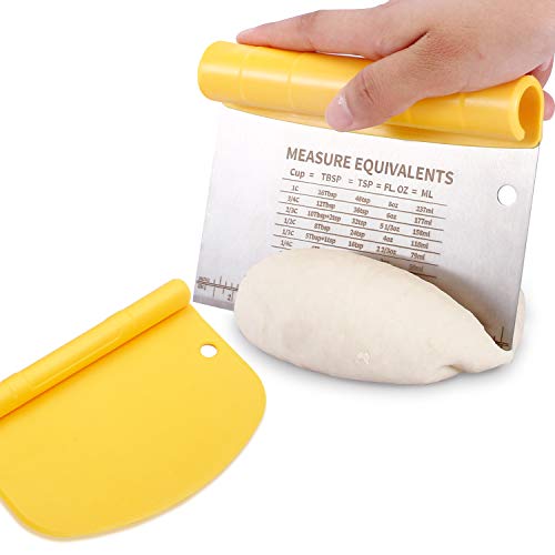 Thickened Stainless Steel Dough Scraper with Measurement, Flexible Silicone Bowl Scraper Set, Bench Scraper, Biscuit & Pizza Cutter, Chopper, Pastry for Cake Baking, Ice Cream, 2 in 1 Kitchen Scraper