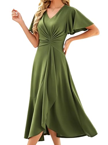 Image of QMZ Wedding Guest Dresses for Women V Neck Cocktail Dress Ruffle Sleeve A Line Evening Party Formal Dresses for Women