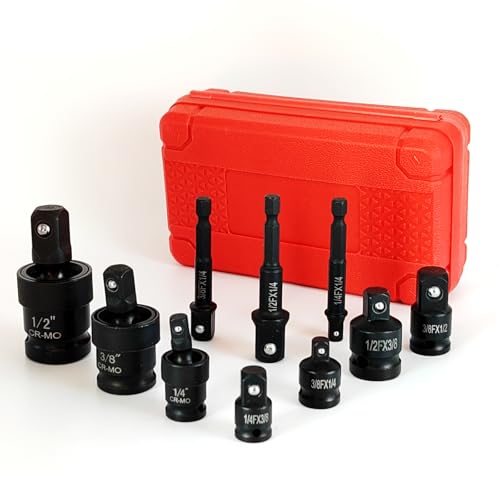 FUVONTA Impact Swivel Socket Adapter Set with Case - Universal Joint, Reducer & Drill Adapter (1/4" 3/8" 1/2") | CR-MO Steel for Automotive Repair, DIY Projects & Off-Road Emergencies (10 PC)