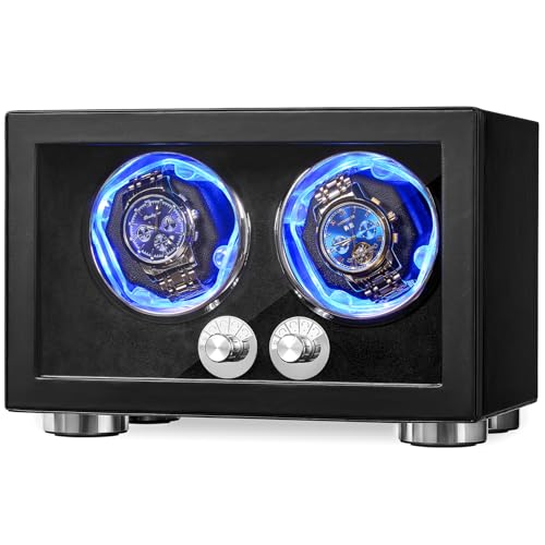 ANWBROAD Remontoir Pour Montres Automatiques Double Rotor Avec LED et 4 Modes de Rotation Retourneur de Montre Moteur Mabuchi Ultra Silencieux JWW004B