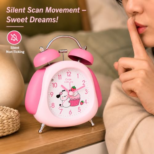Image of RUCON Twin Bell Alarm Clock for Bedroom | Super Loud Analog Alarm Clock for Heavy Sleepers | Night Light | Metal Table Clock for Home, Office & Kids (Pink Panda)