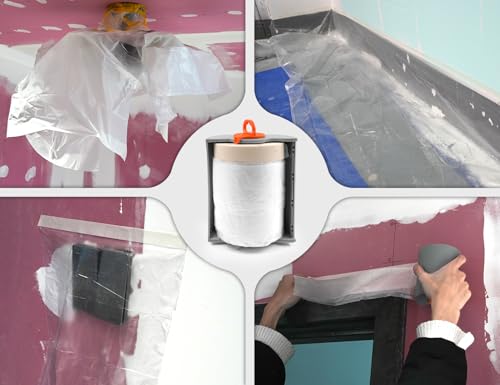Image of ROLLINGDOG Pre-Taped Masking Film - Dust Plastic Sheets (3pcs 30M * 0.55M) with Convenient Reusable Dispenser for Small Spray Paint Jobs