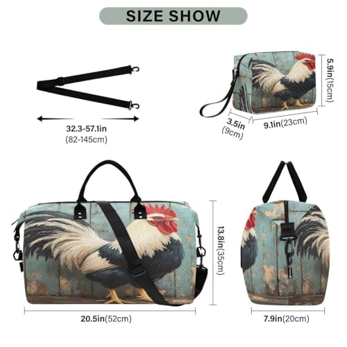 Oil Painting Chicken Wood Travel Duffle Bag Gym Bag Weekender Bags with Toiletry Bag Travel Trip Tote Bag3