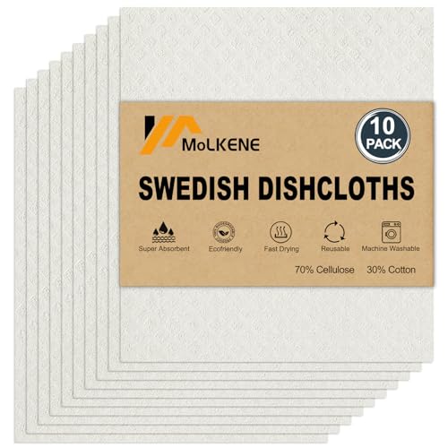 MoLKENE Swedish Dishcloths for Kitchen | 10 Pack Absorbent Cellulose Sponge Cloths Washable | Non-Scratch Reusable Paper Towels Quick Drying Cleaning Rag - White
