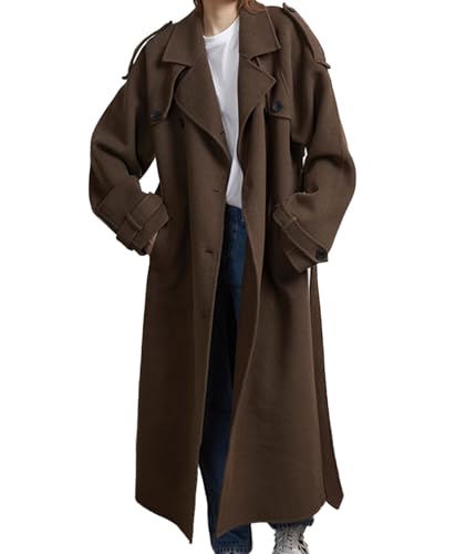 Sexyshine Women's Winter Double Breasted Long Coat Notch Lapel Long Sleeve Wool Blend Trench Coat with Belt